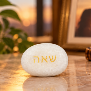 White Marble Kabbalistic Love Blessing Stone by Anette Halfon, engraved with sacred Hebrew letters שאה, displayed in a romantic setting with candlelight and elegant decor.