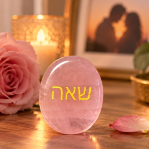 Rose Quartz Kabbalistic Love Blessing Stone by Anette Halfon, engraved with sacred Hebrew letters שאה, displayed beside a pink rose and candlelight in a romantic setting.