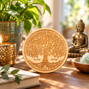 Wooden Tree of Life Kabbalistic Blessing for Health by Anette Halfon, featuring the sacred Hebrew letters מהש, displayed in a peaceful home with bamboo, candlelight and crystals.