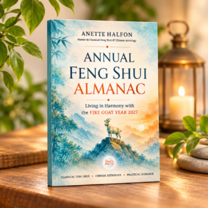 Feng Shui Almanac 2027 by Anette Halfon, English edition, featuring the Fire Goat on a watercolor mountain landscape.