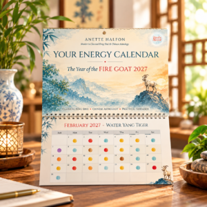 Energy Calendar 2027 by Anette Halfon, English edition, featuring the Fire Goat on a watercolor mountain landscape, A4 spiral-bound wall calendar.