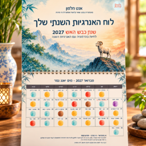 לוח האנרגיות השנתי 2027 מאת אנט חלפון, מהדורה בעברית לשנת כבש האש, עם איור כבש על רקע הרים בצבעי מים, לוח שנה לתלייה.